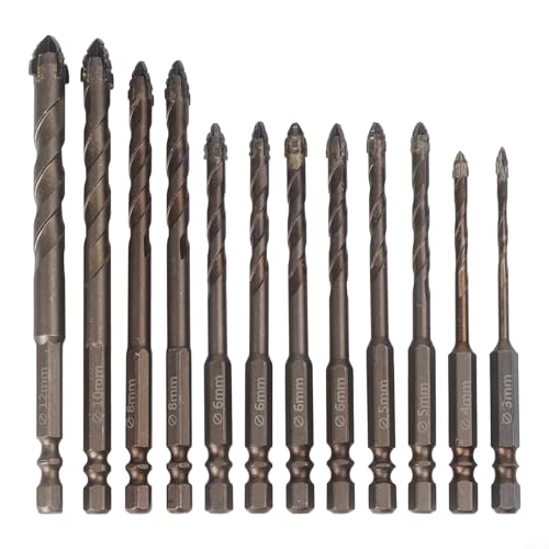 Bohrer-Set aus verschiedenen Materialien mit 1/4-Zoll-Sechskantschaft, vierschneidig, Hartmetallbestückte Bits für Holz-, Metall- und Glasbohrungen, Größen 3–12 mm (gelb), 12-teilig von Besttoolifes