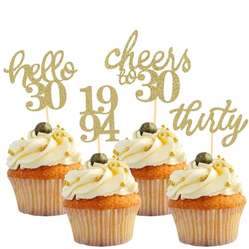 24 Stück Glitzer 30. Geburtstag Cupcake Topper Geburtstagsdeko von 1994 für 30 Geburtstagsfeier Zubehör Party Dekoration Kuchendekoration (Gold) von Bestwishing
