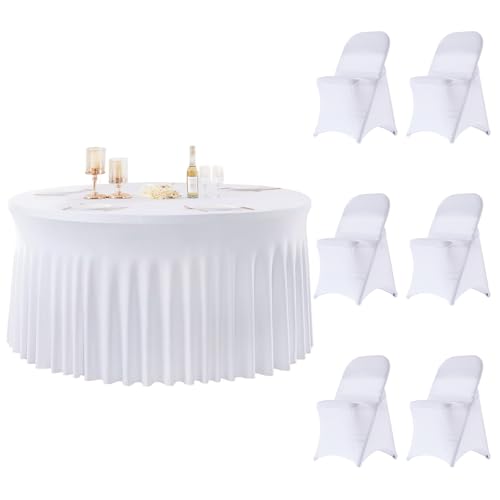 Besutolife Runde Tischdecke und 6-teiliges Klappstuhlhussen-Set, universal, dehnbar, waschbar, Schonbezüge für Hochzeiten, Bankette, Partys, Esstische, 122 cm, Weiß Besutolife Runde Tischdecke und 6-teiliges Klappstuhlhussen-Set, universal, dehnbar, waschbar, Schonbezüge für Hochzeiten, Bankette, Partys, Esstische, 122 cm, Weiß von Besutolife