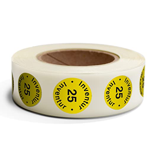 Betriebsausstattung24® Inventuretiketten "Inventur 25" auf Rolle 500 Stk. | Durchmesser: 3,0 cm | Farbe: Gelb | Form: Rund | Material: Haftpapier | Befestigungsart: Zum Verkleben | Inventuraufkleber von Betriebsausstattung24