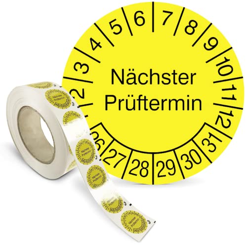 Betriebsausstattung24 Prüfplakette „Nächster Prüftermin“ - Rolle mit 1000 Stück - Fälschungssicher - Dokumentenfolie, selbstklebend Ø 1,5 cm - gelb/schwarz - Jahre: 2026 – 2031 - Prüfetiketten von Betriebsausstattung24