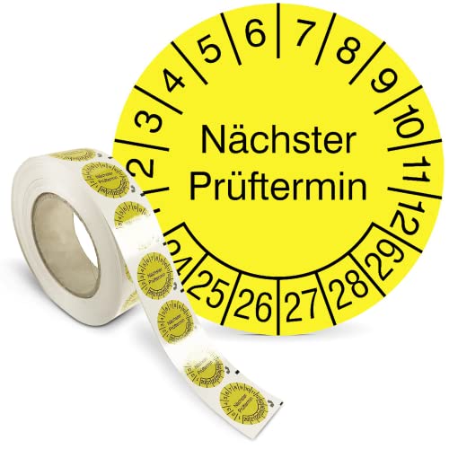 Prüfplakette „Nächster Prüftermin“ - Rolle mit 1000 Stück - Fälschungssicher - Dokumentenfolie, selbstklebend Ø 2,0 cm - gelb/schwarz - Jahre: 2024 – 2029 - Prüfetiketten - Betriebsausstattung24® von Betriebsausstattung24
