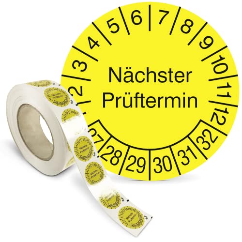 Prüfplakette „Nächster Prüftermin“ - Rolle mit 1000 Stück - Fälschungssicher - Dokumentenfolie, selbstklebend Ø 2,0 cm - gelb/schwarz - Jahre: 2027 – 2032 - Prüfetiketten - Betriebsausstattung24® von Betriebsausstattung24