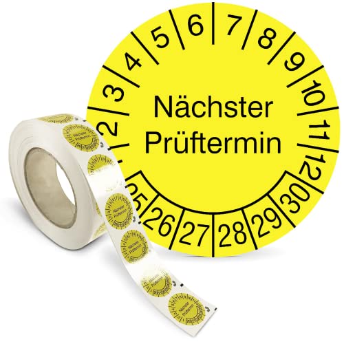 Prüfplakette „Nächster Prüftermin“ - Rolle mit 1000 Stück - Fälschungssicher - Dokumentenfolie, selbstklebend Ø 3,0 cm - gelb/schwarz - Jahre: 2025 – 2030 - Prüfetiketten - Betriebsausstattung24® von Betriebsausstattung24