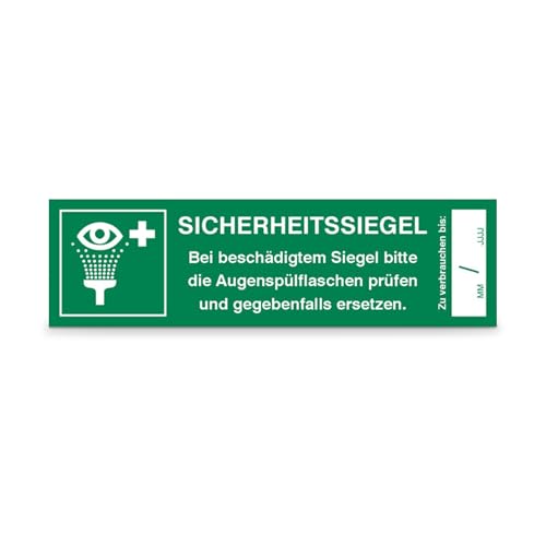 Sicherheitssiegel für Augenspülstation - 5 Aufkleber auf Bogen - Dokumentenfolie - BxH: 10,5 x 3,0 cm - Manipulationssicherung - DIN EN ISO 7010 E011 + Zusatztext von Betriebsausstattung24