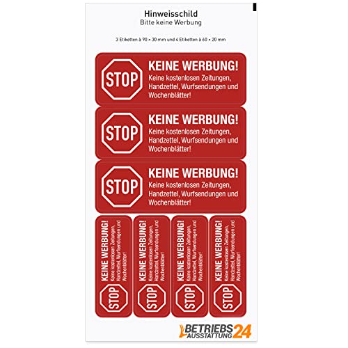 Stop Keine Werbung! Keine kostenlosen Zeitungen, Handzettel Aufkleber - PROTECT-Folie, selbstklebend - 3 Stk. 9,0 x 3,0 cm / 4 Stk. 6,0 x 2,0 cm - Kratz- & abriebfest - Farbe:rot Für Innen & Außen von Betriebsausstattung24