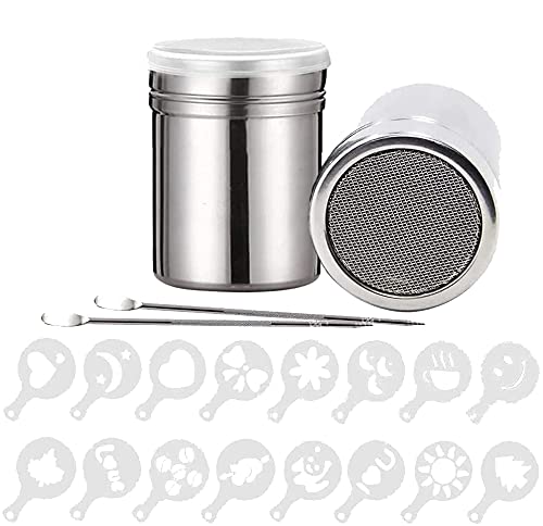 2Pcs Edelstahl Pulverstreuer, BetterJonny Schokoladenstreuer Kakaostreuer mit feinmaschigem Deckel 16Pcs Kaffee Cappuccino Schablonen 2Pcs Barista Stift für Cappuccino Milchschaum Heiße Schokolade von BetterJonny