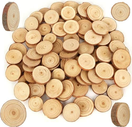 100 Stück Holzscheiben, BetterJonny Rund Unter 3cm Log Scheiben Kit mit Loch Unvollendete Holzkreise für DIY, Basteln, Hochzeit, Weihnachten Dekoration von BetterJonny