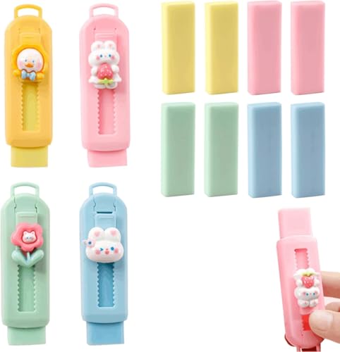 12 Stück Radiergummi Set, BetterJonny Einziehbarer Radiergummi für Schule Zuhause Büro (Gelb+Blau+Rosa+Hellgrün) von BetterJonny