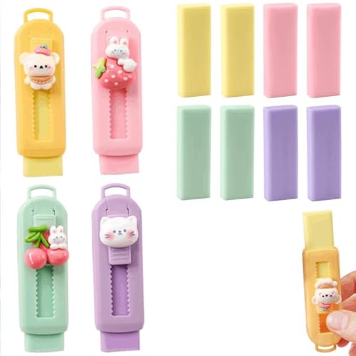 12 Stück Radiergummi Set, BetterJonny Einziehbarer Radiergummi für Schule Zuhause Büro (Hellgrün+Rosa+Lila+Gelb) von BetterJonny