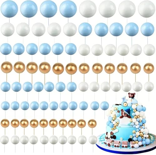 120 Stück Tortendeko Kugeln Cake Topper, BetterJonny Kuchen Dekoration Kugel DIY Mini Ballon Cupcake Einsatz Tortendeko Kugel für Hochzeit Babyparty Geburtstag Torte Dekorieren (Weiß/Gold/Blau) von BetterJonny