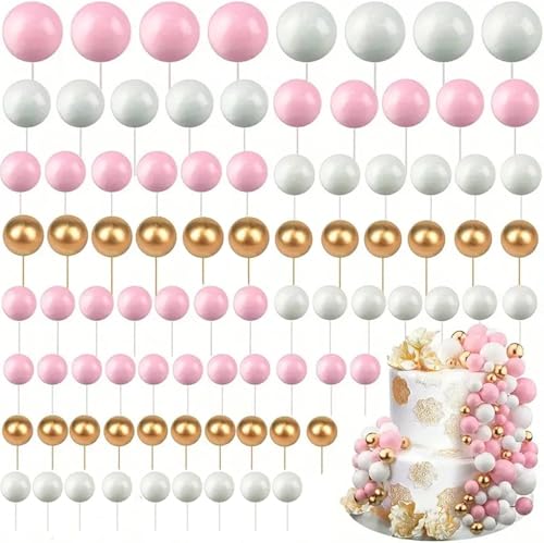 120 Stück Tortendeko Kugeln Cake Topper, BetterJonny Kuchen Dekoration Kugel DIY Mini Ballon Cupcake Einsatz Tortendeko Kugel für Hochzeit Babyparty Geburtstag Torte Dekorieren (Weiß/Gold/Rosa) von BetterJonny