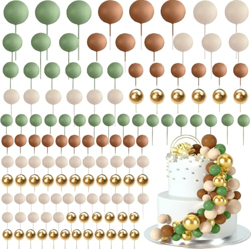 120 Stück Tortendeko Kugeln Cake Topper, Kuchen Dekoration Kugel DIY Mini Ballon Cupcake Einsatz Tortendeko Kugel für Hochzeit Babyparty Geburtstag Torte Dekorieren (Golden/Grün/Braun/Brown) von BetterJonny