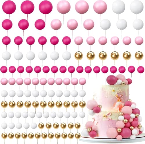 120 Stück Tortendeko Kugeln Cake Topper, Kuchen Dekoration Kugel DIY Mini Ballon Cupcake Einsatz Tortendeko Kugel für Hochzeit Babyparty Geburtstag Torte Dekorieren (Rose rot/Rosa/Gold/Weiß) von BetterJonny