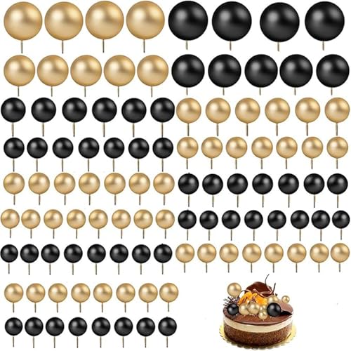 120 Stück Tortendeko Kugeln Cake Topper,BetterJonny Kuchen Dekoration Kugel DIY Mini Ballon Cupcake Einsatz Tortendeko Kugel für Hochzeit Babyparty Geburtstag Torte Dekorieren (Schwarz/Gold) von BetterJonny