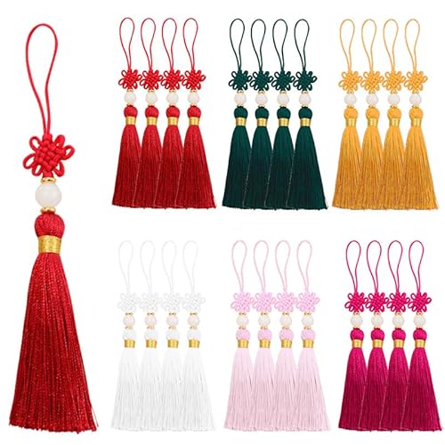 24 Stück Mini Quasten, Basicon Seidig Weiche Bunte Quasten 6 Farben Handgefertigtes Quasten mit Perlen Chinesischen Knoten für DIY Bastelzubehör Lesezeichen Wohnkultur, 4 Stück pro Farbe von BetterJonny