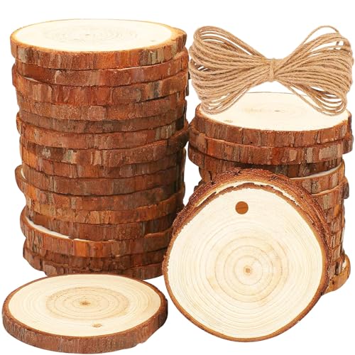 30 Stück Holzscheiben, BetterJonny Rund 6-7cm Holz Log Scheiben Kit mit Loch Unvollendete Holzkreise für DIY, Basteln, Hochzeit, Weihnachten Dekoration von BetterJonny