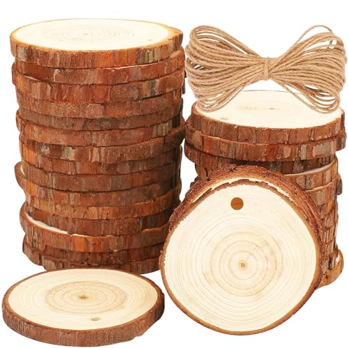 30 Stück Holzscheiben, BetterJonny Rund 6-7cm Holz Log Scheiben Kit mit Loch Unvollendete Holzkreise für DIY, Basteln, Hochzeit, Weihnachten Dekoration von BetterJonny