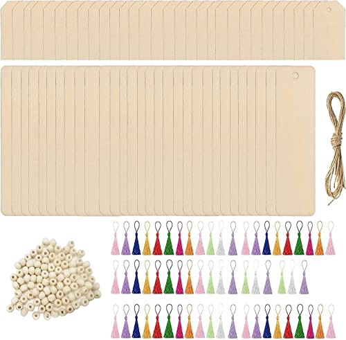 321Pcs Holz Blanko Lesezeichen, BetterJonny 60 Stücke Lesezeichen aus Holz mit 60 Bunten Quasten 4m Seile 200 Holzperlen Rechteck Leeres Lesezeichen mit Löchern für DIY Handwerk Geschenke Tag 2 Formen von BetterJonny