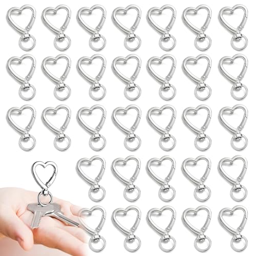 50 Stück Metall-Schlüsselanhänger in Herzform, BetterJonny Silber, Feder-Karabinerhaken, Schlüsselanhänger, 360° drehbar, Metall-Schlüsselanhänger, Karabinerhaken für DIY-Schlüsselanhänger-Zubehör von BetterJonny