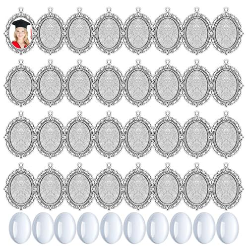 BetterJonny 100 Stück Lünetten-Anhänger-Rohlinge, 25 x 18 mm, Edelstahl-Anhänger-Tablett, Rohlinge, Set mit 50 silbernen ovalen Tabletts, Foto-Charms mit 50 Glas-Cabochons von BetterJonny