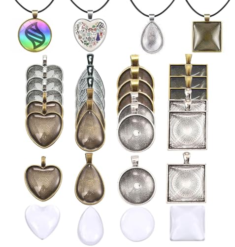 BetterJonny 72 Stück Lünetten-Anhänger-Tabletts, 4 Formen, Anhänger-Tabletts, Set mit 24 Charm-Lünetten, Glas-Cabochons und 24 gewachsten Halskettenschnüren für DIY-Schmuckherstellung (2 Farben) von BetterJonny