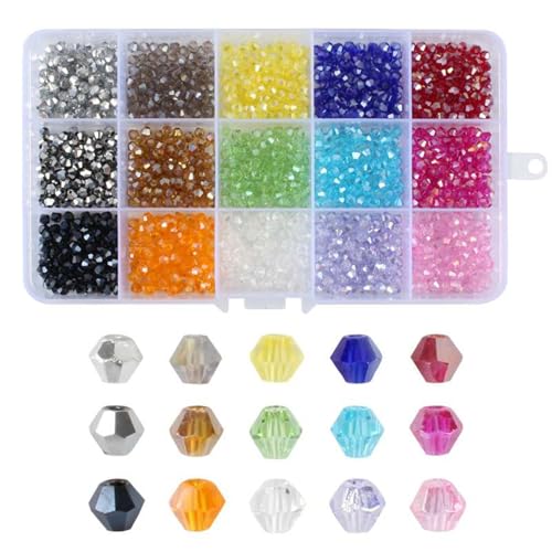 BetterJonny Doppelkegel-Kristallperlen, 1500 Stück, 4 mm, 15 Farben, kleine Glasperlen, facettierte Perlen, Großpackung für Schmuck, Bastelarbeiten, Schmuck, Armbandherstellung von BetterJonny