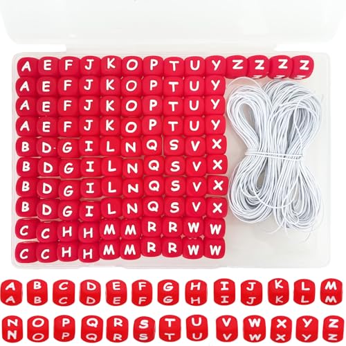 BetterJonny Silikon-Buchstabenperlen, 12 mm, A-Z, Rot, quadratische Buchstabenperlen mit elastischer Schnur, lose Silikonperlen für Schmuck, Halsketten, Armbänder, Bastelarbeiten, 105 Stück von BetterJonny