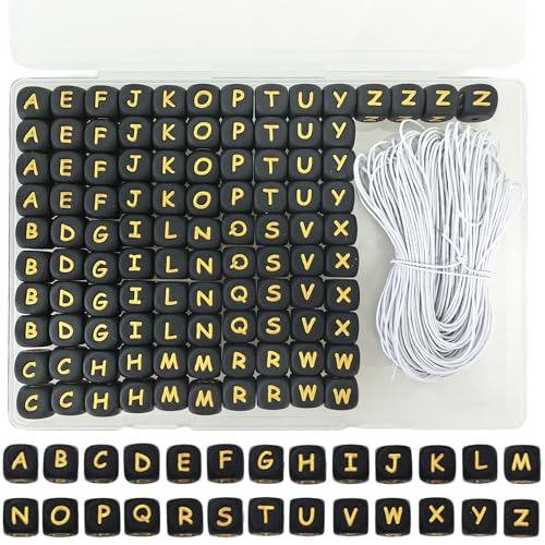 BetterJonny Silikon-Buchstabenperlen, 12 mm, A-Z, schwarze quadratische Buchstabenperlen mit elastischer Schnur, lose Silikonperlen für Schmuck, Halsketten, Armbänder, Bastelarbeiten, 105 Stück von BetterJonny