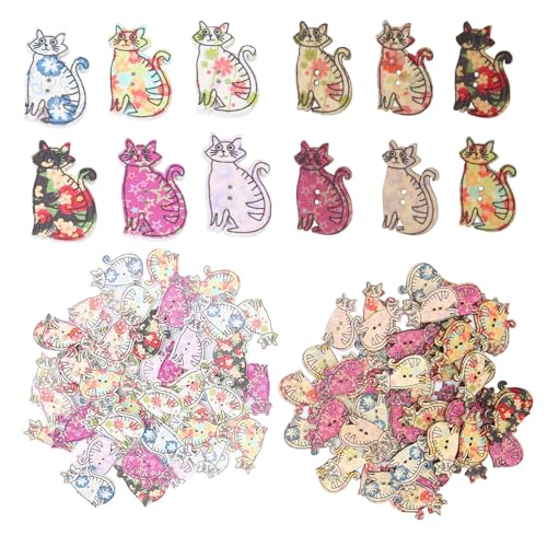 200pcs Katzenholzknöpfe, Retro -Katzenstil süße dekorative tierförmige Knöpfe verschiedene Farben für Bastelkleidung nähen DIY -Dekoration von Beufee