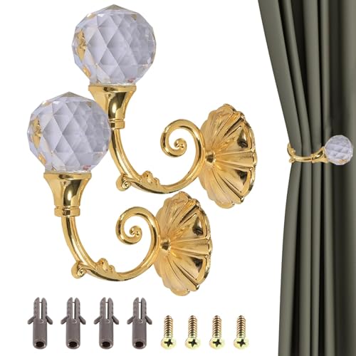 2 Stück Vorhanghalter, Vorhanghalter aus Metall, Vorhanghalter mit Kristallkugel, an der Wand befestigt, Schraube, Raffhaken Dekorative Vorhangsträger für Heimdekoration(Gold) von Beufee