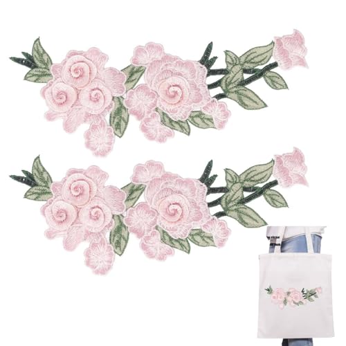 Bestickte Blume Patches, 2-Pcs Applique Patches Blume Eisen auf Patches für Kleidung Pfingstrose Blume Stickerei Patches Eisen auf Blume Patches Kleidung Patches Stickerei Aufkleber (Rosa) von Beufee