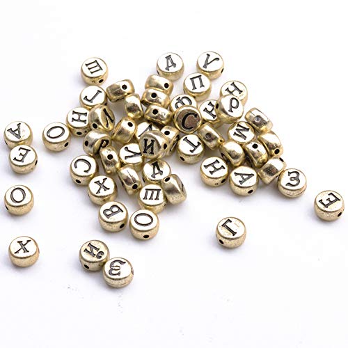 Runde Buchstaben Perlen, 100pcs 4 * 7 mm russische Buchstaben Alphabet Acrylperlen Schwarzes Alphabet Buchstaben Perle gemischt lose DIY -Perle für die Halskette ﻿ (Gold) von Beufee