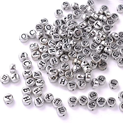 Runde Buchstaben Perlen, 100pcs 4 * 7 mm russische Buchstaben Alphabet Acrylperlen Schwarzes Alphabet Buchstaben Perle gemischt lose DIY -Perle für die Halskette ﻿ (Silber) von Beufee
