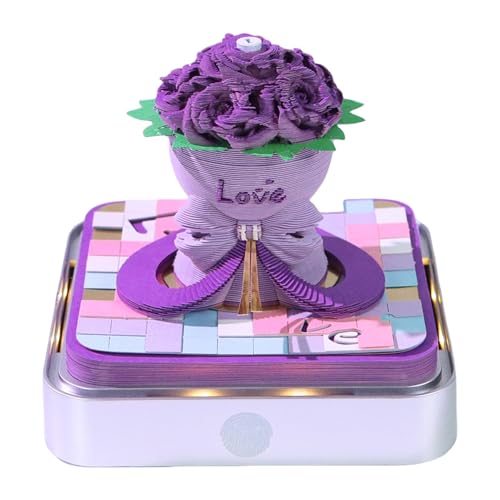 Bewinner 3D-Notizblock mit LED-Licht, Kalender 2026, Handgerissene Rosenskulptur, Hochwertiger Notizblock mit Papierschnitzkunst Als Büro-Schreibtischdekor, Geburtstagsgeschenk (PURPLE) von Bewinner