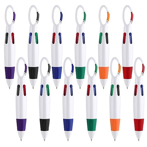 Bewudy 12 Stück einziehbare Shuttle-Stifte mit Karabiner-Clip, 4-in-1-Kugelschreiber, mehrfarbige Stifte mit Schnalle, Schlüsselanhänger auf der Oberseite für Krankenschwester-Stifte Büro von Bewudy