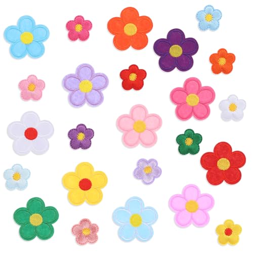 Bewudy 24 Stück Blumen Patches zum Aufbügeln, Bunte Gänseblümchen Aufnäher 2 Größen Bügelbilder Stickerei Flicken zum Aufbügeln Blumenaufnäher für Textilien Hüte Jeans Jacken DIY Dekorative von Bewudy