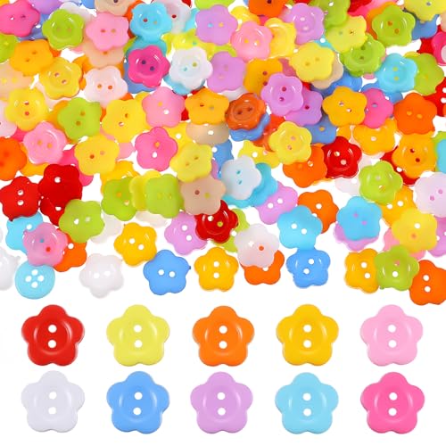 Bewudy 300 Stück Blumenknöpfe, Frühlingsharz, Blumenform, 2 Löcher, Nähknöpfe zum Nähen, Kleidung, Zubehör, Geschenk, Basteln, Scrapbooking, Dekoration (1,6 cm) von Bewudy