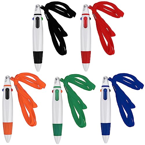 Bewudy 5Pcs Mehrfarbiger Kugelschreiber, 4-in-1 Multi Farbe Stift mit Hals Lanyard, 1.0mm einziehbare Shuttle Pen auf einem String Lanyard Hals Stifte für Büro Schule Zubehör Studenten Kinder Geschenk von Bewudy