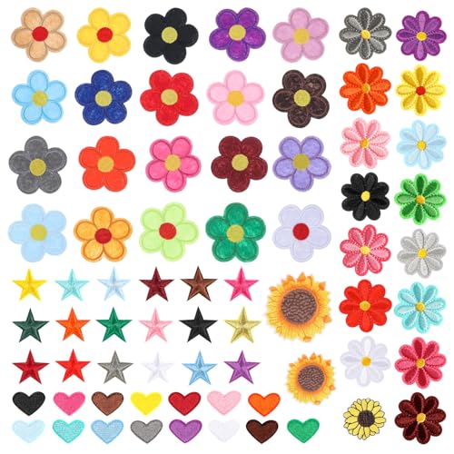Bewudy 71 Stück Flicken zum Aufbügeln Kinder Set, Blume Patches zum Aufbügeln Stern & Herz Aufbügler Klein Bunt Bügelbild Aufnäher zum Aufbügeln Bestickte Aufnäher für Jacken Jeans Hut DIY Dekoration von Bewudy