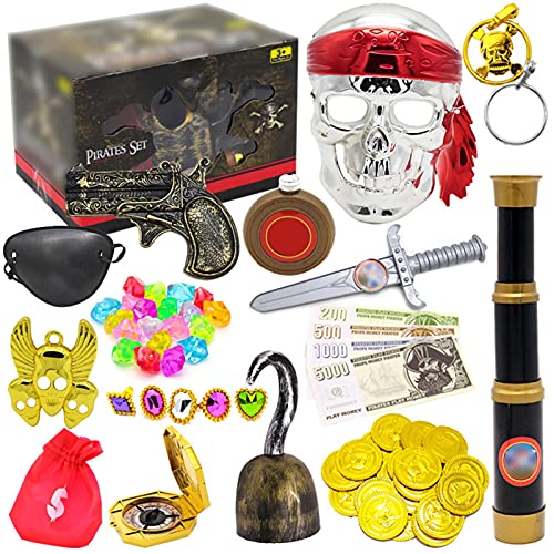 Bexdug Piraten-Spielzeug-Set, Piratenr Mitgebsel, Piraten Schatztruhe Goldmünzen Edelstein,Sicherer langlebiger Piratenschatz für Kinder von Bexdug
