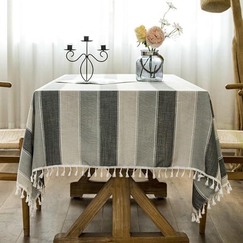 Beydodo Tischdecke Outdoor Wetterfest, Tischtuch 110x170 Hellgrau Nordisch Gestreift Motiv mit Quasten Tischdecke Abwaschbar Party Garten Hochzeit von Beydodo