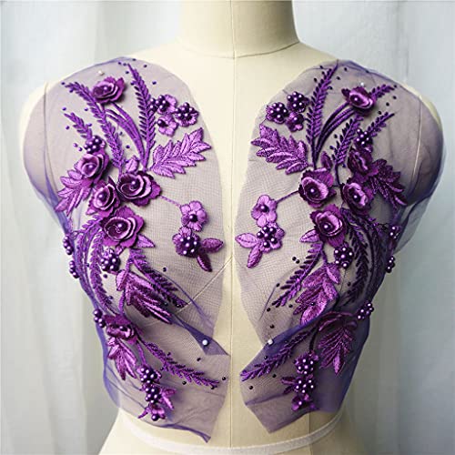 Applique, Patch-Stickerei. 2 STÜCK Lila Spitzenstoff 3D Blumen Quaste Perlen Strass bestickt Brautkleid Applikationen Aufnäher for Kleid DIY Dekoration von BgnEhRfL
