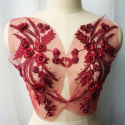 Applique, Patch-Stickerei. 2 Stück weinroter Spitzenstoff mit 3D-Blumenquasten, Perlen und Strasssteinen, bestickt, for Hochzeitskleider, Applikationen for Aufnähen for Kleider, DIY-Dekoration Applique, Patch-Stickerei. 2 Stück weinroter Spitzenstoff mit 3D-Blumenquasten, Perlen und Strasssteinen, bestickt, for Hochzeitskleider, Applikationen for Aufnähen for Kleider, DIY-Dekoration von BgnEhRfL