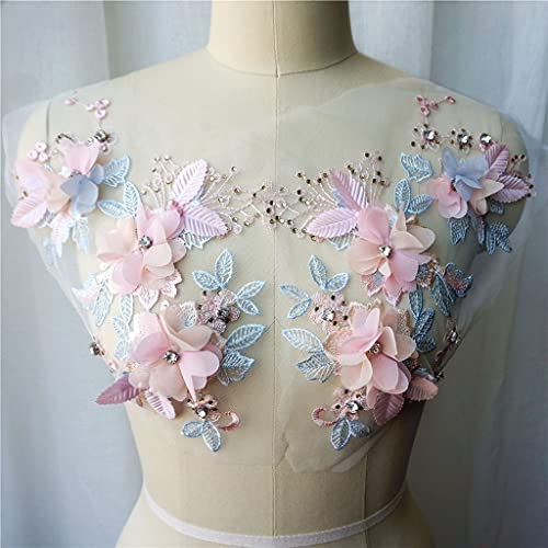 Applique, Patch-Stickerei. Rosa Blau 3D Blume Spitze Stoff Perlen Strass bestickt Kleid Applikationen Nähen Patches for Hochzeit Dekoration Kleid DIY von BgnEhRfL