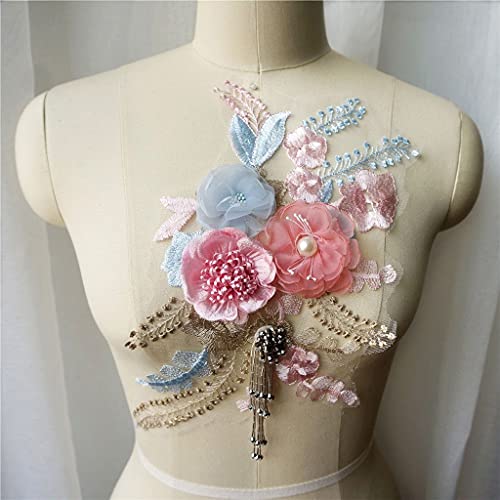 Applique, Patch-Stickerei. Rosa Blau 3D Blumenspitze Stoff Pailletten Perlen Quaste bestickt Kleid Applikationen Kragen Nähen Patch for Hochzeit Dekoration Kleid DIY von BgnEhRfL