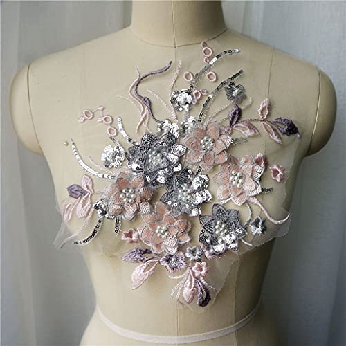 Applique, Patch-Stickerei. Rosa Silber 3D Blume Spitze Stoff Perlen Pailletten Quaste bestickt Kleid Applikationen Kragen Nähen Patch for Hochzeit Dekoration DIY von BgnEhRfL