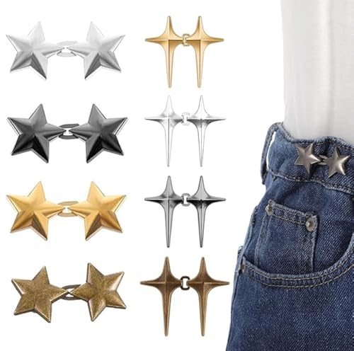 Bhina 8 Paar Sterne Hosen Verkleinern Clip Waist Clip Verstellbare Hosenbund Enger Machen Ohne Nähen Abnehmbare Hose Taillenschnalle Stardesign für Jeans Hosen Röcke, Gold, Gunmetal, Bronze, Silber von Bhina
