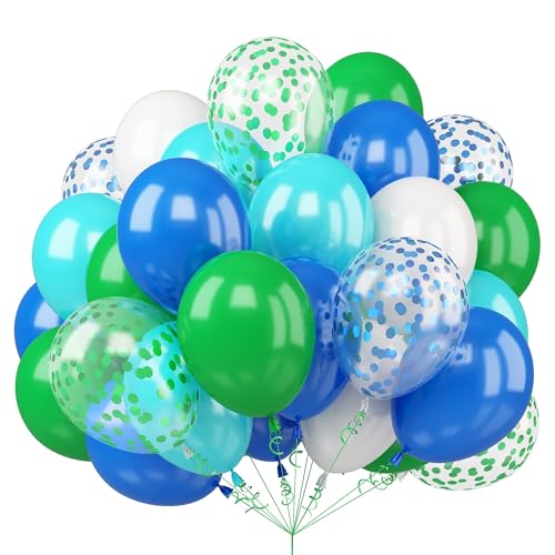 Luftballons Blau Grün, 50 Stück 12 Zoll Hellgrün Blau Vintage Blaugrün Konfetti Luftballons mit Bändern für Jungen Geburtstagsfeier Fußball Videospiel Dschungel Safari Dekoration von Biapian