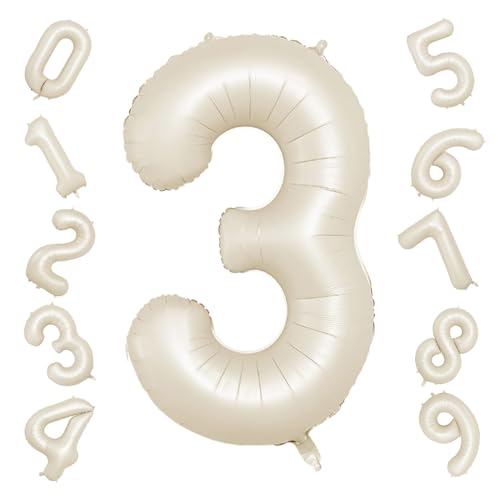 Biapian Luftballon 3, 40 Zoll Luftballon 3. Geburtstag, XXL Creme Weiß Zahlen 3 Luftballon Sandweiß Folienballon Helium Ballons für Babyparty Junge Männer 3 Jahre Geburtstags Party Deko (Nummer 3) von Biapian